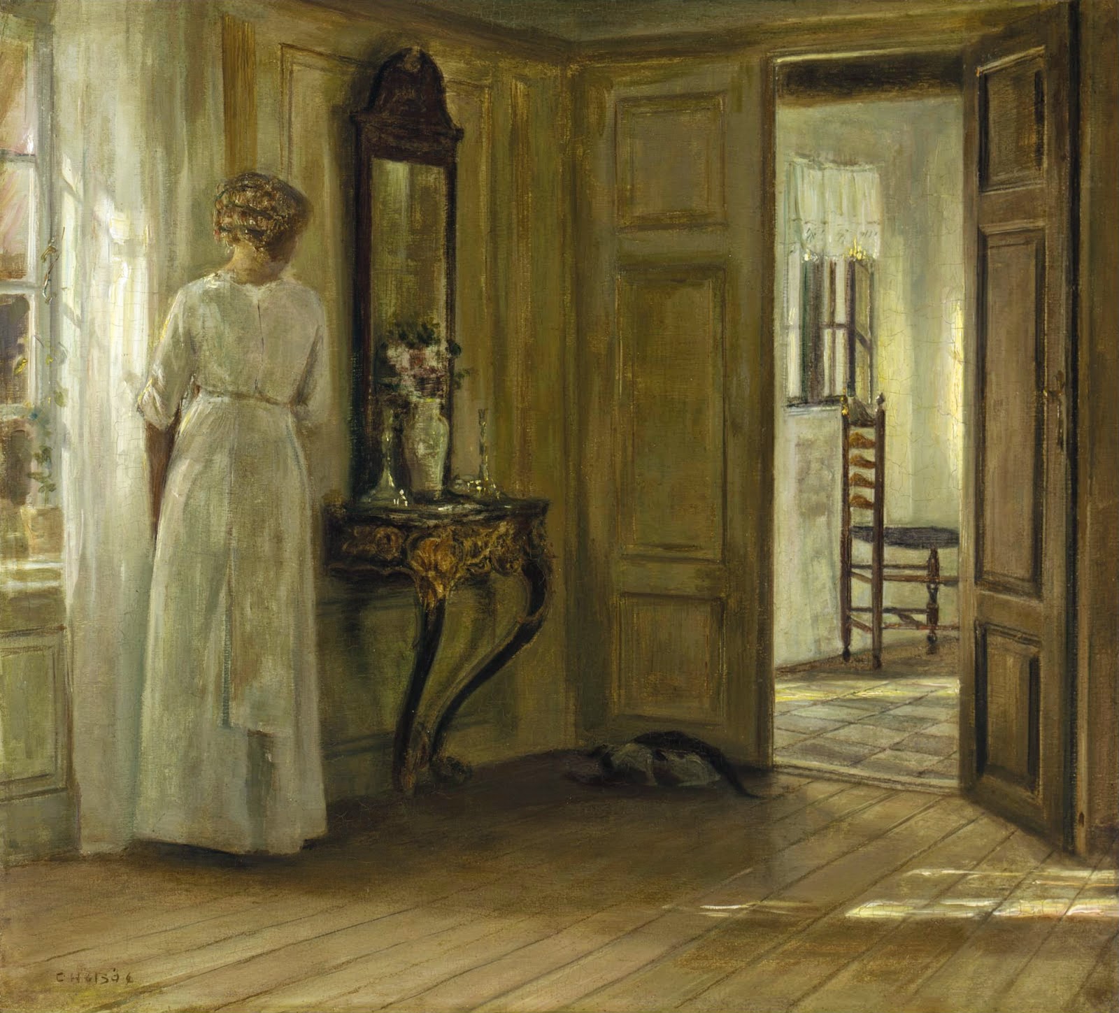 Interior with a Lady and a Cat 卡尔霍尔索Carl Holsøe作品 无水印高清图 麦田艺术