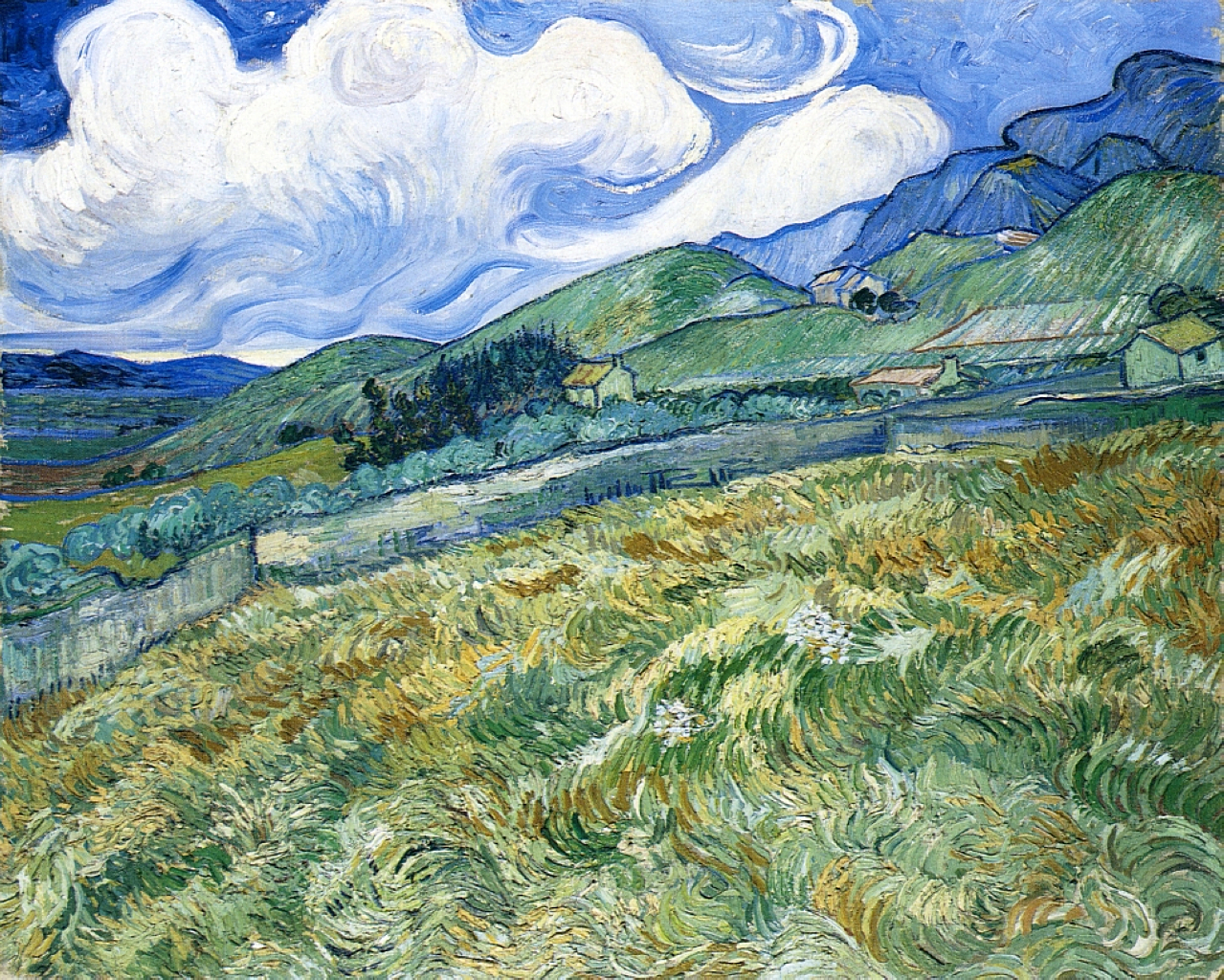 Wheatfield with Mountains in the Background 梵高油画作品,无水印
