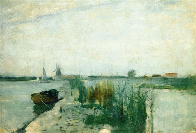ジョン・ヘンリー・トワックトマン、「CANAL SCENE, HOLLAND」 Scene along a Dutch River - John Henry Twachtman作品,无水印高清大