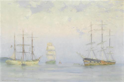 Greek frigate at anchor - Konstantinos Volanakis作品,无水印高清图 - 麦田艺术