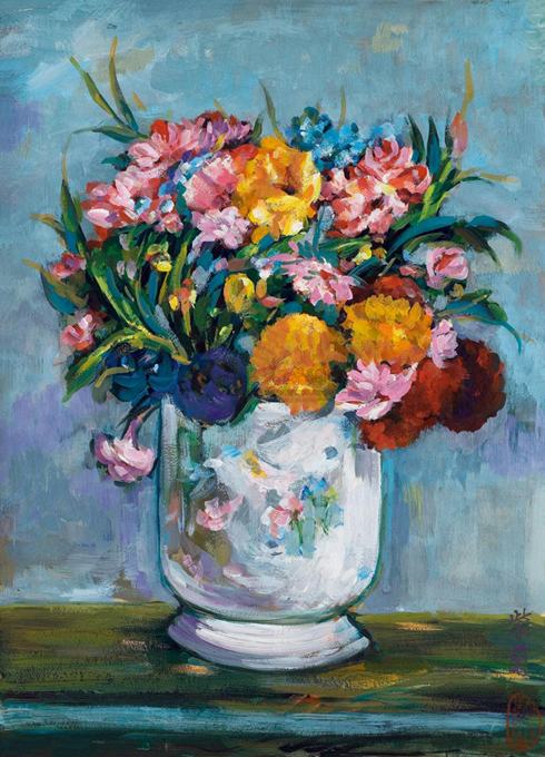 林清納作 花少女 肉筆油彩画　V502 林清納作 花少女 肉筆油彩画 V502