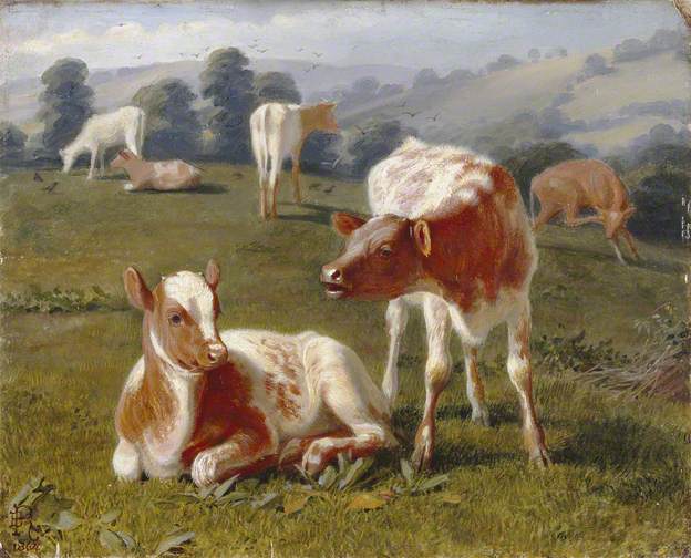 calves in a meadow, 1864 - briton riviere