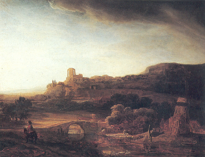 river landscape with a windmill - 伦勃朗作品,无水印高清图 - 麦田