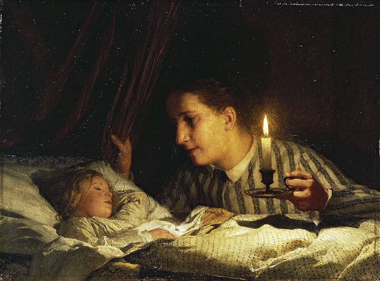 Young mother contemplating her sleeping child in candlelight, 1875 - Albert Anker