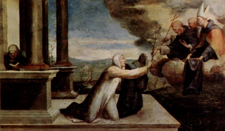 Saint Catherine of Siena receiving the stigmata between Saints Benedict ...